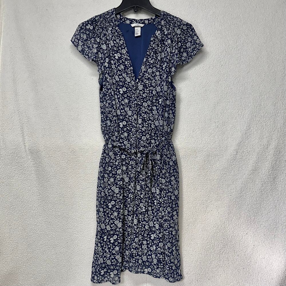 H&M Blue Floral Midi Dress Cottagecore Elastic Waist Size 8